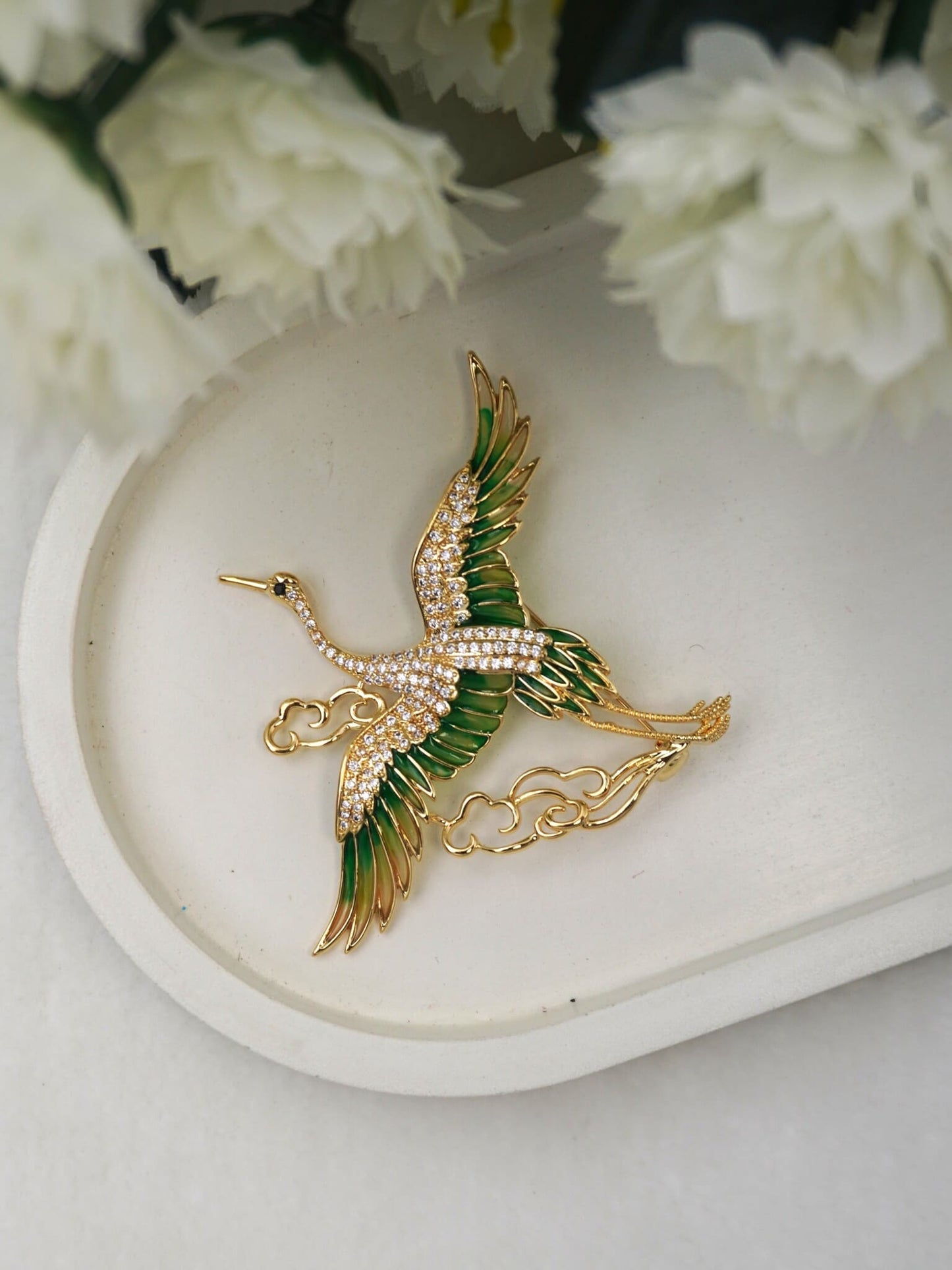 GREEN CRANE BROOCH